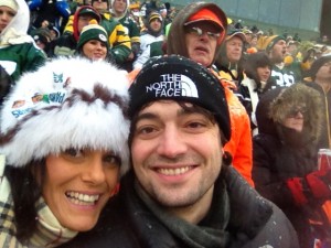 At Lambeau field....and no, I have no idea wheat is on my head.  I only know it came from Russia.